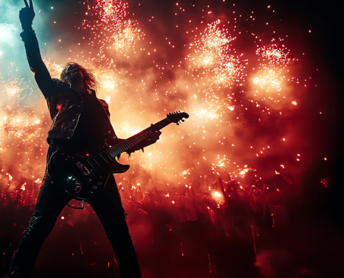 Un rockeur devant un feu d'artifice
