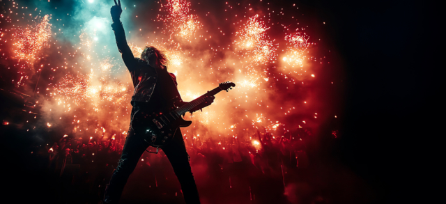 Un rockeur devant un feu d'artifice